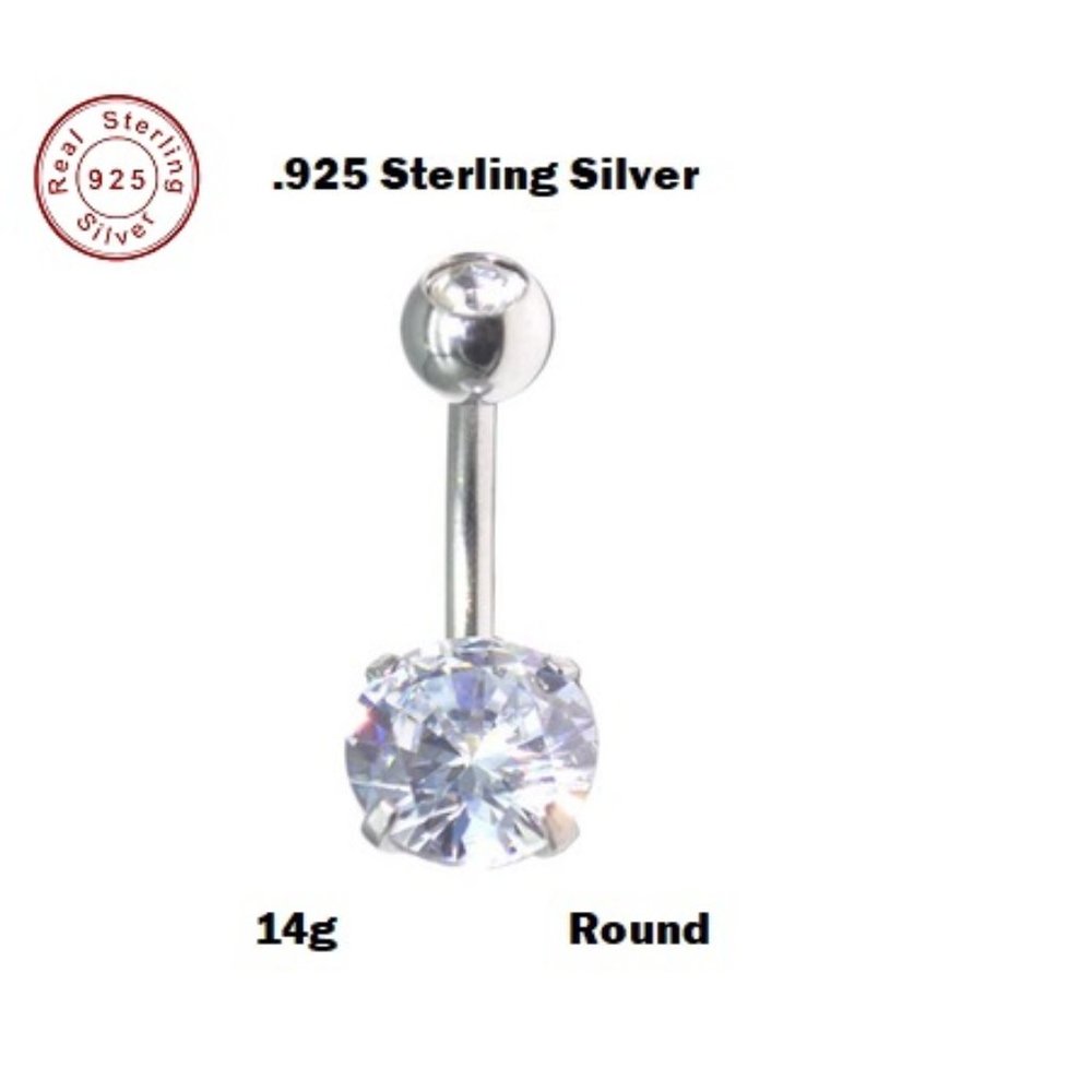 Navel ~ .925 Sterling Silver CZ 5mm Solitaire ROUND Belly Ring